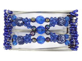 African Butterfly Wire Hair Clip - 5 Tong 449 - royal blue acrylic, rainbow, flower, and rustic midnight blue beads, white background