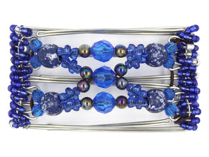 African Butterfly Wire Hair Clip - 5 Tong 449 - royal blue acrylic, rainbow, flower, and rustic midnight blue beads, white background