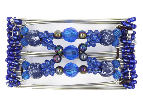 African Butterfly Wire Hair Clip - 5 Tong 449 - royal blue acrylic, rainbow, flower, and rustic midnight blue beads, white background