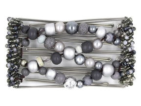 African Butterfly Wire Hair Clip - 5 Tong 452 - stormy gray wood beads, light and dark gray tones, white background