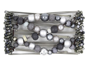 African Butterfly Wire Hair Clip - 5 Tong 452 - stormy gray wood beads, light and dark gray tones, white background