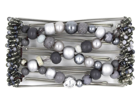 African Butterfly Wire Hair Clip - 5 Tong 452 - stormy gray wood beads, light and dark gray tones, white background