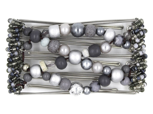 African Butterfly Wire Hair Clip - 5 Tong 452 - stormy gray wood beads, light and dark gray tones, white background
