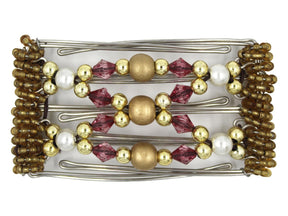 African Butterfly Wire Hair Clip - 5 Tong 453 - gold wood beads, gold beads, raspberry acrylic beads, white pearl beads, gold Czech seed beads, white background