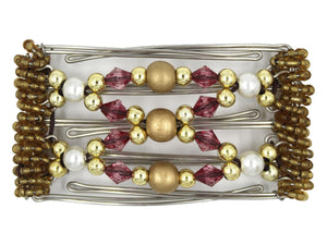 African Butterfly Wire Hair Clip - 5 Tong 453 - gold wood beads, gold beads, raspberry acrylic beads, white pearl beads, gold Czech seed beads, white background