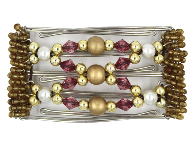 African Butterfly Wire Hair Clip - 5 Tong 453 - gold wood beads, gold beads, raspberry acrylic beads, white pearl beads, gold Czech seed beads, white background