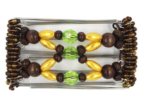 African Butterfly Wire Hair Clip - 5 Tong 455 - lime green acrylic beads, dark brown wood beads in two sizes, golden yellow pearly beads, dark brown Czech seed beads, white background
