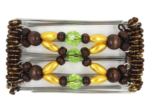 African Butterfly Wire Hair Clip - 5 Tong 455 - lime green acrylic beads, dark brown wood beads in two sizes, golden yellow pearly beads, dark brown Czech seed beads, white background