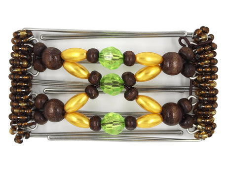 African Butterfly Wire Hair Clip - 5 Tong 455 - lime green acrylic beads, dark brown wood beads in two sizes, golden yellow pearly beads, dark brown Czech seed beads, white background