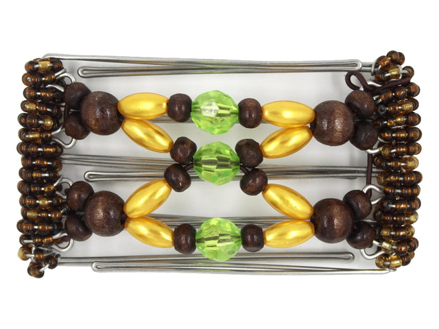 African Butterfly Wire Hair Clip - 5 Tong 455 - lime green acrylic beads, dark brown wood beads in two sizes, golden yellow pearly beads, dark brown Czech seed beads, white background