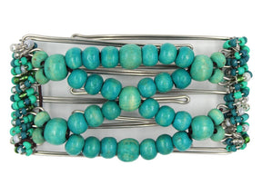 African Butterfly Wire Hair Clip - 5 Tong 456 - dark turquoise wood beads, turquoise and teal Czech seed beads along the edges, white background