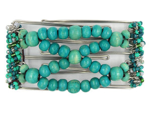African Butterfly Wire Hair Clip - 5 Tong 456 - dark turquoise wood beads, turquoise and teal Czech seed beads along the edges, white background