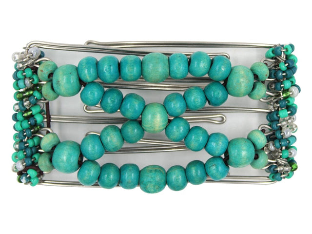 African Butterfly Wire Hair Clip - 5 Tong 456 - dark turquoise wood beads, turquoise and teal Czech seed beads along the edges, white background