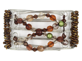 African Butterfly Wire Hair Clip - 5 Tong 458 - acrylic beads in rich browns and green, brown Czech seed beads along the sides, white background