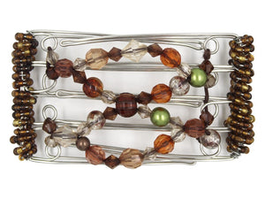 African Butterfly Wire Hair Clip - 5 Tong 458 - acrylic beads in rich browns and green, brown Czech seed beads along the sides, white background