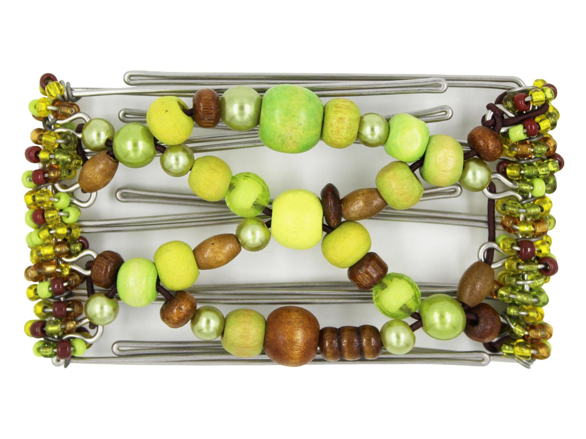 African Butterfly Wire Hair Clip - 5 Tong 459 - green apple, lime, and brown wood and acrylic beads, white background