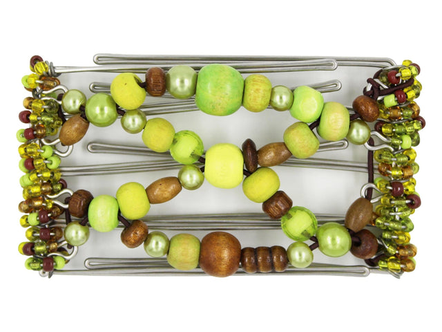 African Butterfly Wire Hair Clip - 5 Tong 459 - green apple, lime, and brown wood and acrylic beads, white background