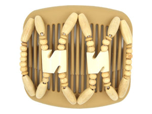 African Butterfly Stones & Bones Blonde Hair Comb 73 - ivory Batik bone flag beads, cream wood beads, white background