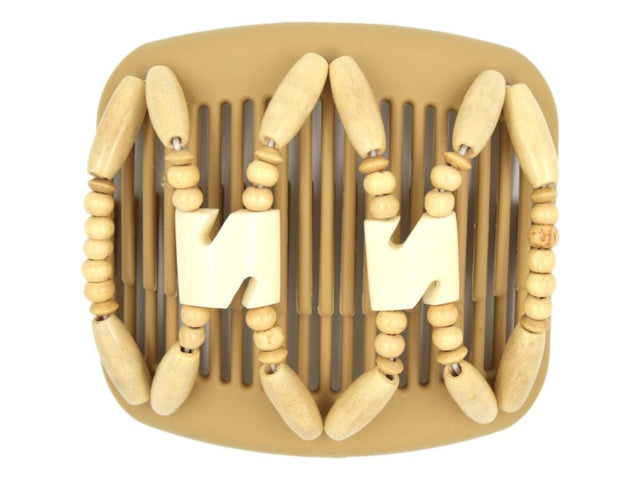 African Butterfly Stones & Bones Blonde Hair Comb 73 - ivory Batik bone flag beads, cream wood beads, white background