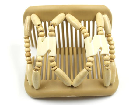 African Butterfly Stones & Bones Blonde Hair Comb 73 - ivory Batik bone flag beads, cream wood beads, shown open, white background
