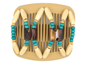 African Butterfly Stones & Bones Blonde Hair Comb 74 - dark brown Batik bone flag beads, turquoise and cream wood beads, white background