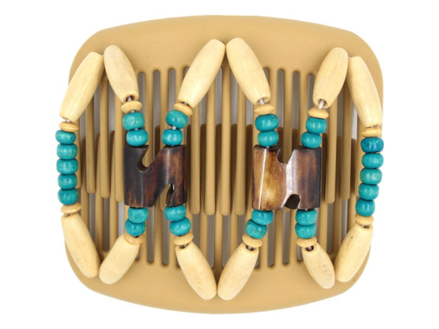 African Butterfly Stones & Bones Blonde Hair Comb 74 - dark brown Batik bone flag beads, turquoise and cream wood beads, white background