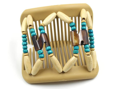 African Butterfly Stones & Bones Blonde Hair Comb 74 - dark brown Batik bone flag beads, turquoise and cream wood beads, shown open, white background