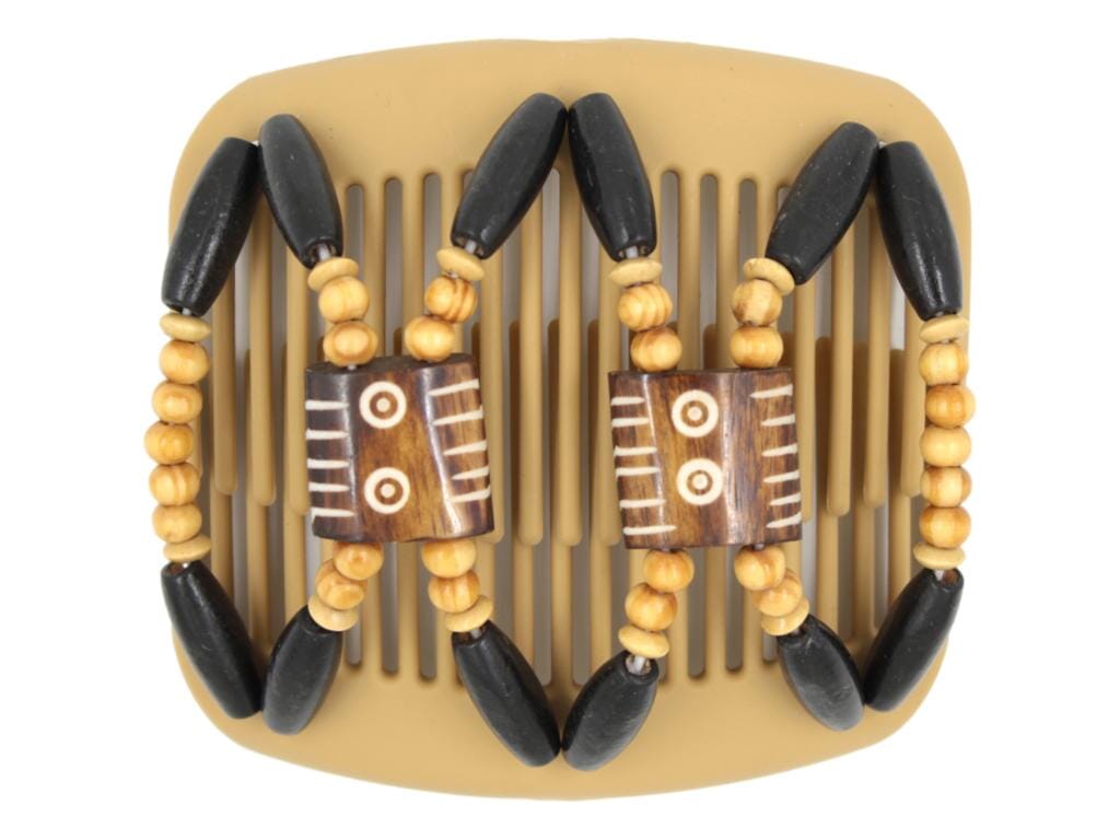 African Butterfly Stones & Bones Blonde Hair Comb 75 - dark brown and ivory Batik bone flag beads, beige and black wood beads, white background