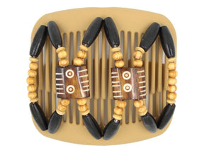 African Butterfly Stones & Bones Blonde Hair Comb 75 - dark brown and ivory Batik bone flag beads, beige and black wood beads, white background