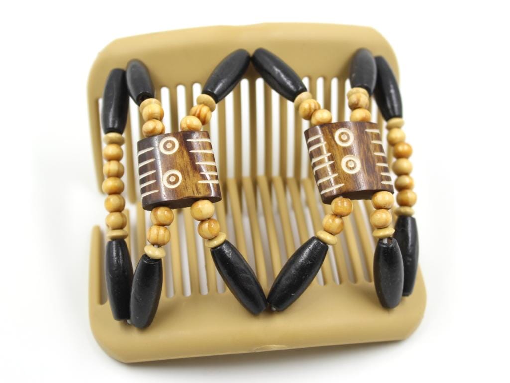 African Butterfly Stones & Bones Blonde Hair Comb 75 - dark brown and ivory Batik bone flag beads, beige and black wood beads, shown open, white background