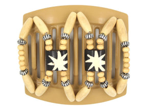 African Butterfly Thick Hair Comb - Stones & Bones Blonde 76 - ivory and dark chocolate bone beads, cream wood and silver accents, white background
