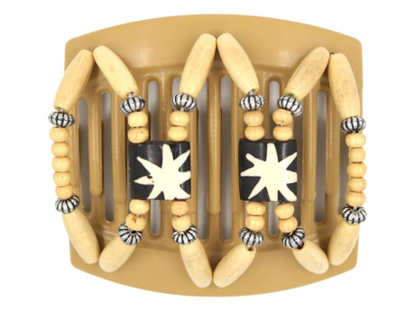 African Butterfly Thick Hair Comb - Stones & Bones Blonde 76 - ivory and dark chocolate bone beads, cream wood and silver accents, white background