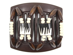 African Butterfly Thick Hair Comb - Stones & Bones Brown 129 - dark brown and ivory Batik bone flag beads, painted off-white wood beads, dark brown wood beads, white background