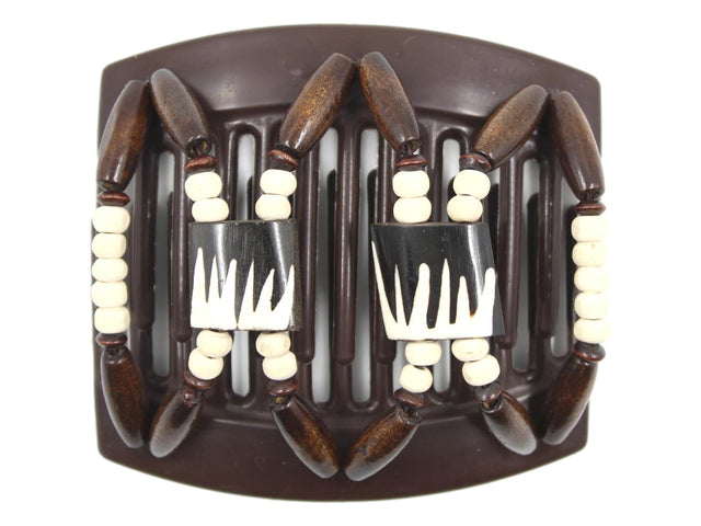 African Butterfly Thick Hair Comb - Stones & Bones Brown 129 - dark brown and ivory Batik bone flag beads, painted off-white wood beads, dark brown wood beads, white background