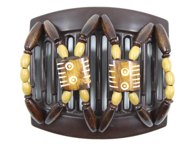 African Butterfly Thick Hair Comb - Stones & Bones Brown 130 - medium brown and ivory Batik bone flag beads, beige wood beads, dark brown wood beads, white background