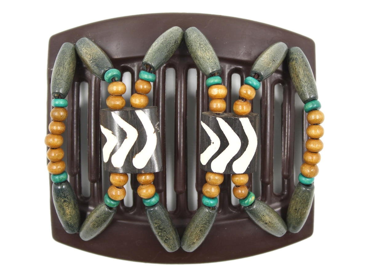 African Butterfly Thick Hair Comb - Stones & Bones Brown 131 - dark brown and ivory Batik bone flag beads, medium brown wood beads, teal accent wood beads, rustic green wood beads, white background