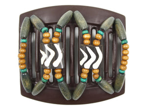 African Butterfly Thick Hair Comb - Stones & Bones Brown 131 - dark brown and ivory Batik bone flag beads, medium brown wood beads, teal accent wood beads, rustic green wood beads, white background