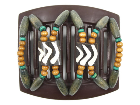 African Butterfly Thick Hair Comb - Stones & Bones Brown 131 - dark brown and ivory Batik bone flag beads, medium brown wood beads, teal accent wood beads, rustic green wood beads, white background