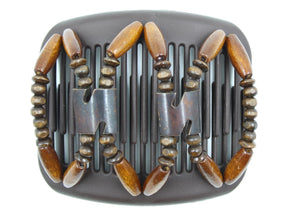 African Butterfly Hair Comb - Stones & Bones Brown 132 - dark brown batik bone beads in the center, dark brown wood beads, and medium dark brown wood beads along the edges, white background