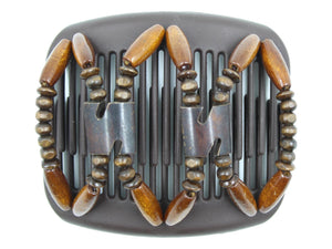 African Butterfly Hair Comb - Stones & Bones Brown 132 - dark brown batik bone beads in the center, dark brown wood beads, and medium dark brown wood beads along the edges, white background