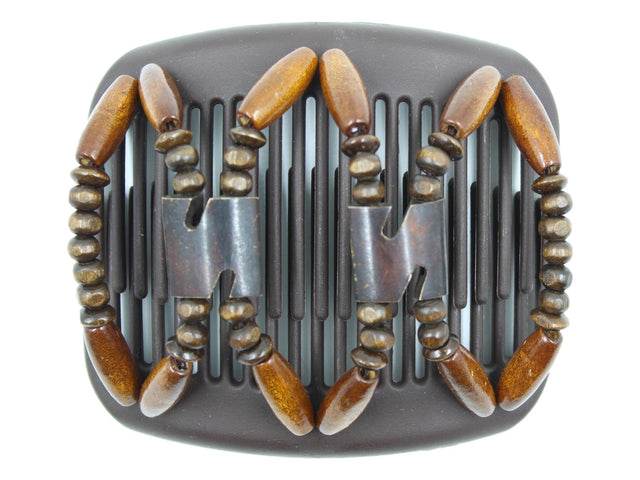 African Butterfly Hair Comb - Stones & Bones Brown 132 - dark brown batik bone beads in the center, dark brown wood beads, and medium dark brown wood beads along the edges, white background