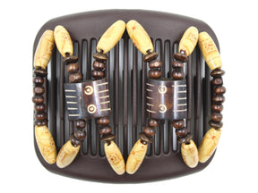 African Butterfly Hair Comb - Stones & Bones Brown 133 - chocolate brown and ivory bone beads, dark brown wood beads, boho wood beads, white background