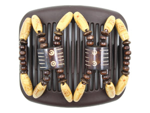 African Butterfly Hair Comb - Stones & Bones Brown 133 - chocolate brown and ivory bone beads, dark brown wood beads, boho wood beads, white background