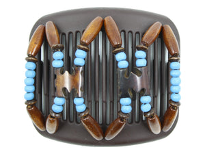 African Butterfly Hair Comb - Stones & Bones Brown 134 - medium dark brown batik bone beads, cerulean wood beads, medium brown wood beads, white background