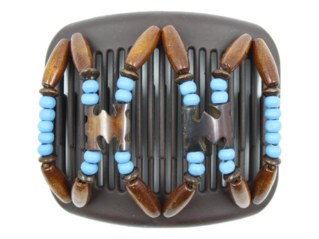 African Butterfly Hair Comb - Stones & Bones Brown 134 - medium dark brown batik bone beads, cerulean wood beads, medium brown wood beads, white background