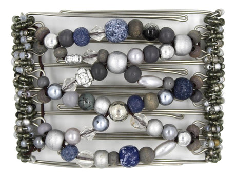 African Butterfly Wire Hair Clip - 7 Tong 715 - hair clip with blue and gray beads on a white background