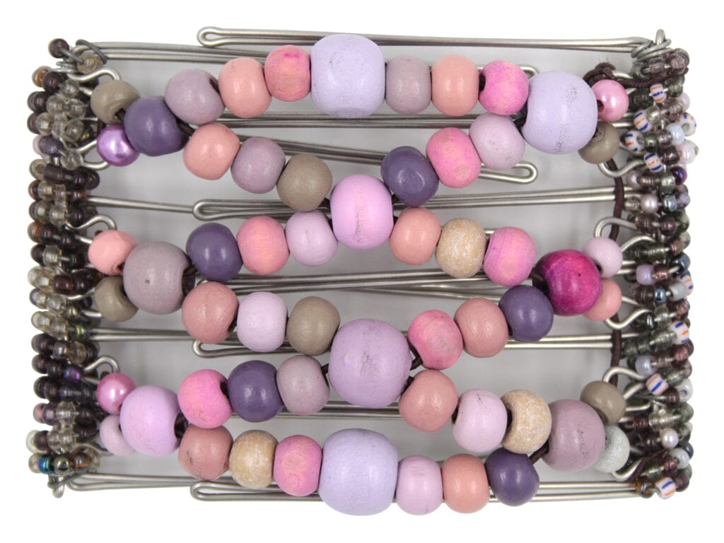 African Butterfly Wire Hair Clip - 7 Tong 744 - hair clip with colorful purple and pink wood beads on a white background