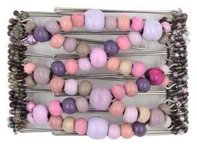African Butterfly Wire Hair Clip - 7 Tong 744 - hair clip with colorful purple and pink wood beads on a white background