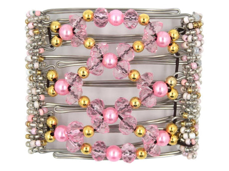 African Butterfly Wire Hair Clip - 7 Tong 749 - Hair clip with pink and gold beads on a white background