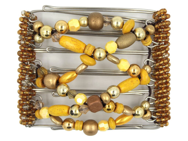 African Butterfly Wire Hair Clip - 7 Tong 751 - hair clip with gold, yellow, and brown beads on a white background
